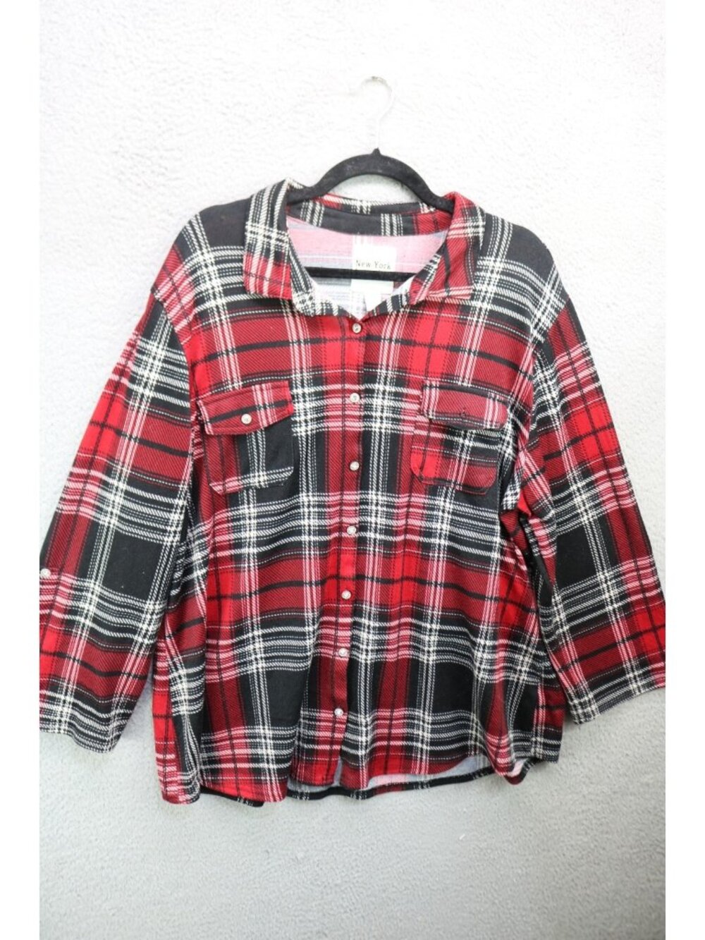 New York Laundry Red Black Plaid Long Sleeve Button-Up Top-2X-Soft